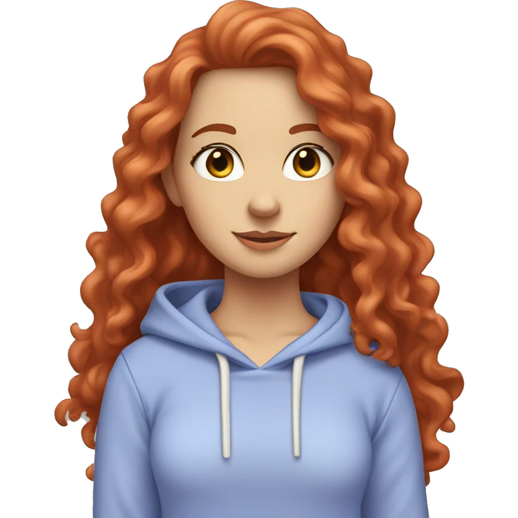 a white girl with long red curly hair, wearing a pastel periwinkle hoodie doing a pose emoji
