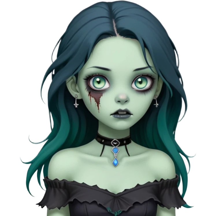 a soft, doll-like zombie girl with light sage green skin and big blue-green eyes, long black hair that swoops gently at the ends, a tiny silver nose stud and a delicate eyebrow piercing on the left side. she’s wearing an off-the-shoulder black top that shows her collarbones, emoji