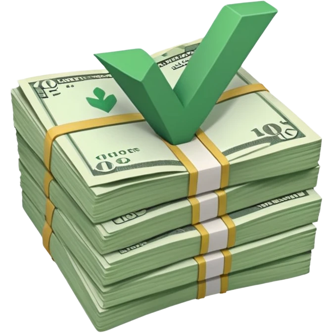 stack of bills facing up with green tick in the background emoji