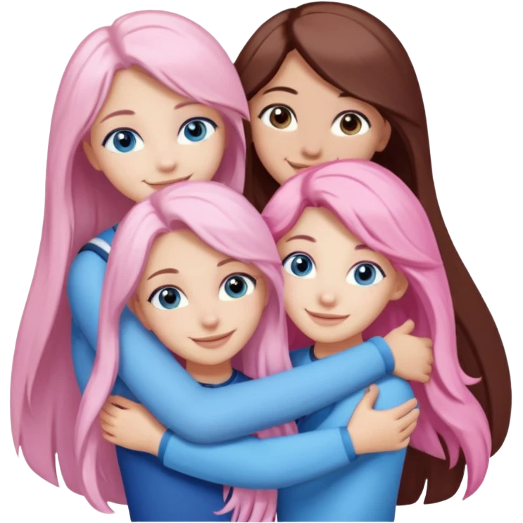 four white grips hugging and smiling    2 girls with brown eyes and long dark brown hair. One girl with long light pink hair and blue eyes, one girl with blue eyes and light blonde hair emoji