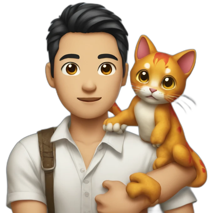 Young Asian man in Cuban-collared shirt holding a Dragon Li cat in his arms emoji