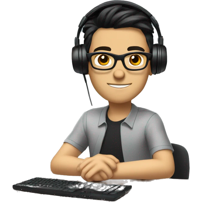 white boy with dark hair and glasses wearing gaming headset and sitting at desk on desktop computer   emoji