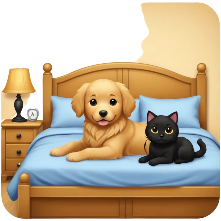 1 golden retriever and 1 black cat in a bedroom emoji