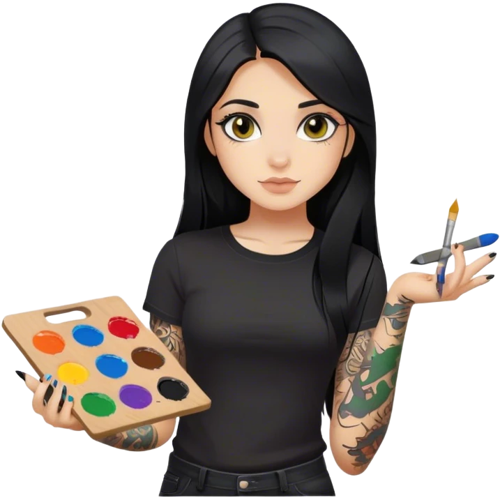 A girl with long black hair and hazel eyes and black tattoos on right arm holding a paint palette  wearing black shirt emoji