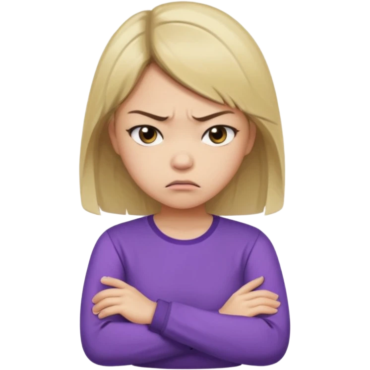 Angry Pouty girl with small asian eyes folding arms in a purple longsleeve shirt she has fair skin and medium length brown hair with blonde emoji