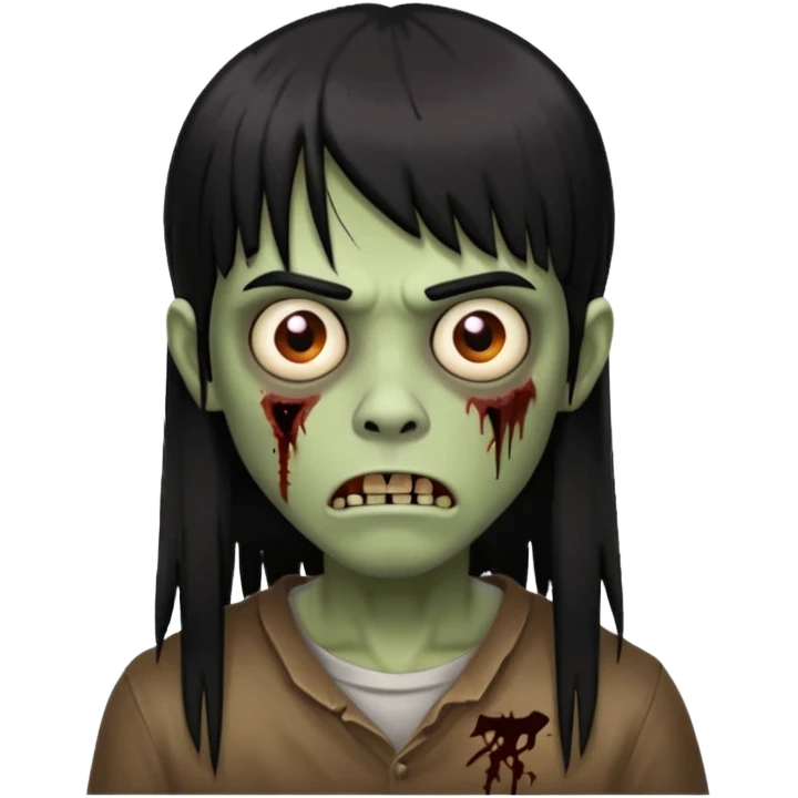 Menino de cabelo liso grande com franja preto, zumbi emoji