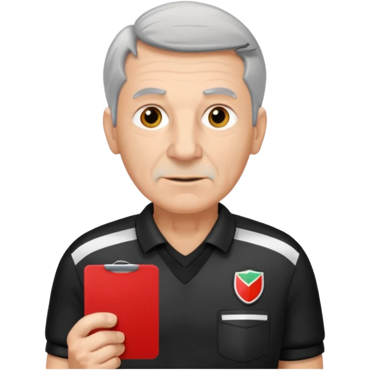 Older Referee – Experienced Look
 Wearing black jersey, gray hair, calm but firm, red card lifted halfway. emoji