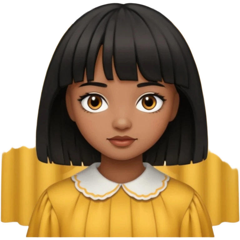 Girl that has a short black hime cut with curtain bangs, then dark brown eyes, and has a bit brown skin emoji