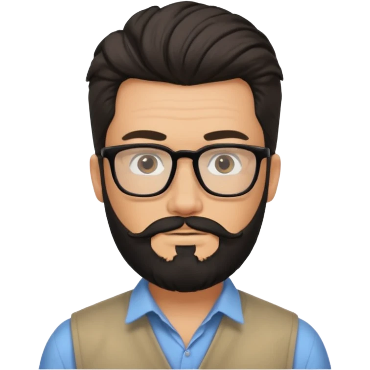 یه پسر سفید پوست با ریش مشکی و مدل موی جذاب که موهاش رو به بالاهست و عینک زده emoji