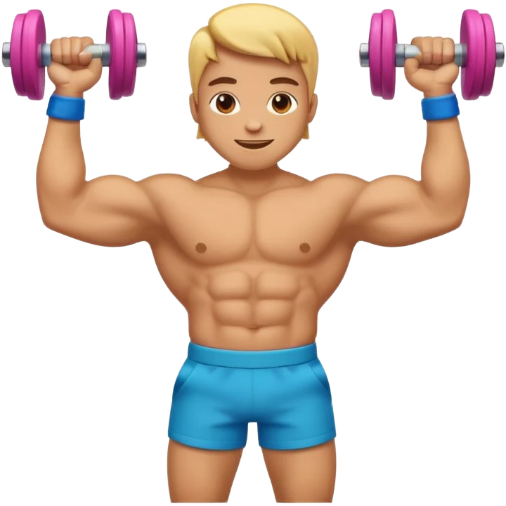 An energetic, emoji-style character flexing his bicep while holding a dumbbell, surrounded by a fun, celebratory vibe like 💃🎉🎊. Bright colors, bold expressions, simple rounded shapes, and a lively, upbeat atmosphere emoji