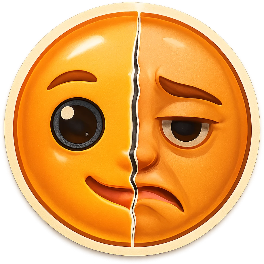Change the split face so both halves are emoji faces instead of realistic. The left half is flawless, influencer-filtered with radiant skin and large eyes as an emoji. The right half is a tired, imperfect emoji face with a frown. Keep the subtle glitch effect like a cracked mirror between the halves. emoji
