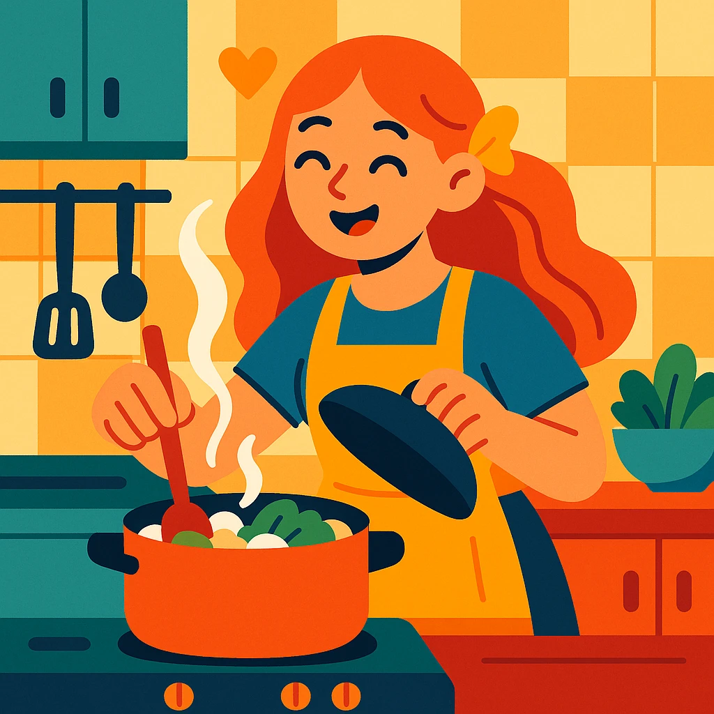 a happy girl cooking food, expressing love and joy, daily life scene, vibrant and cheerful emoji