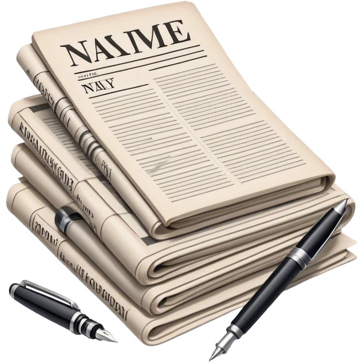 Create an emoji representing journalism and publicistic writing. The design should feature a stack of newspapers, an open notebook with visible text, and a single fountain pen placed near the notebook, symbolizing the act of writing. Use neutral, professional colors like black, white, and muted tones to convey a sense of seriousness and intellect. Do not include any emojis or smiley faces. Make the background transparent. emoji