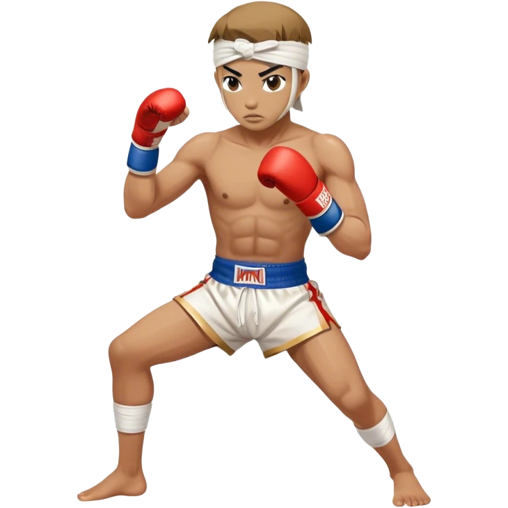 ​Cinematic Realistic Traditional Muay Thai Fighter such as Buakaw Banchamek, depicted in authentic attire featuring white bandaged gloves wrapped around his fists, a traditional headband tied neatly, and classic Muay Thai shorts, captured in a dynamic fighting stance under dramatic, high-energy lighting that highlights the raw power and elegance of the art, emoji