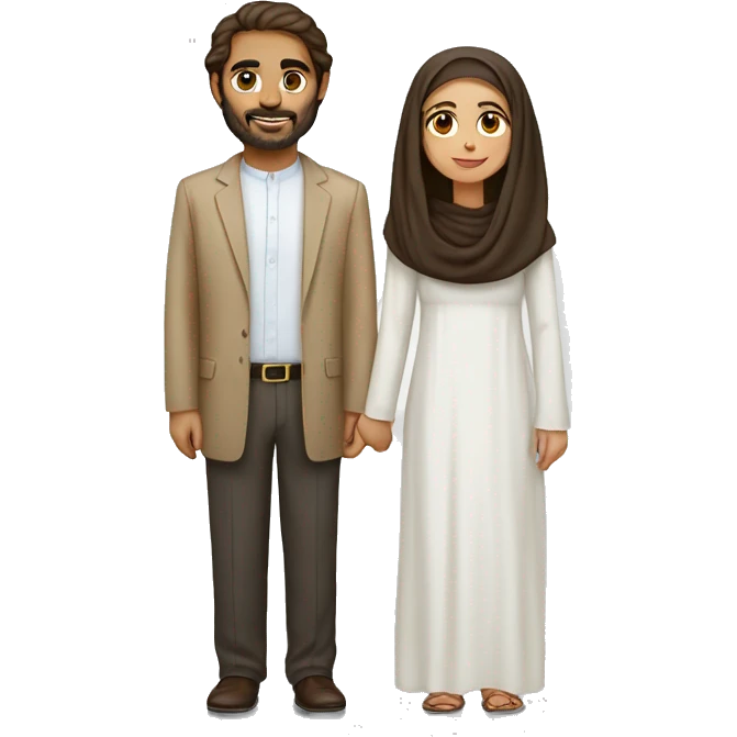A wheat-haired woman with long brown hair with a long white Emirati husband emoji