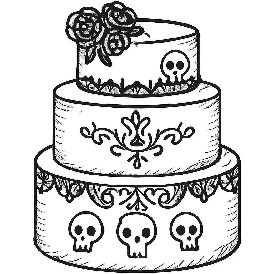 Gothic cake decorated with black lace, dark roses, tiny skulls, and ornate gothic filigree, no background, in a hand drawn style. emoji
