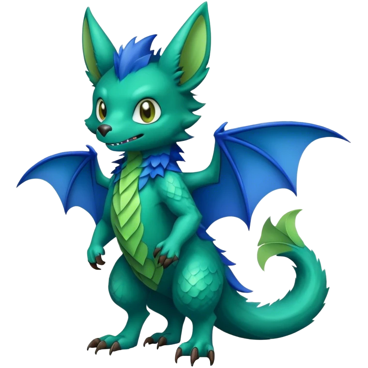 Cute cool fantasy animal hybrid bat-Sergal-Digimon-Fakemon full body, green scales, brown eyes, blue feathers emoji
