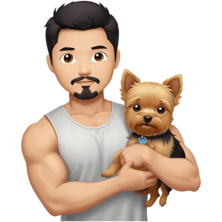  Holding a blonde yorkie. Dark haired Korean Asian handsome man with black pointy hair full goatee and biceps. No female emoji