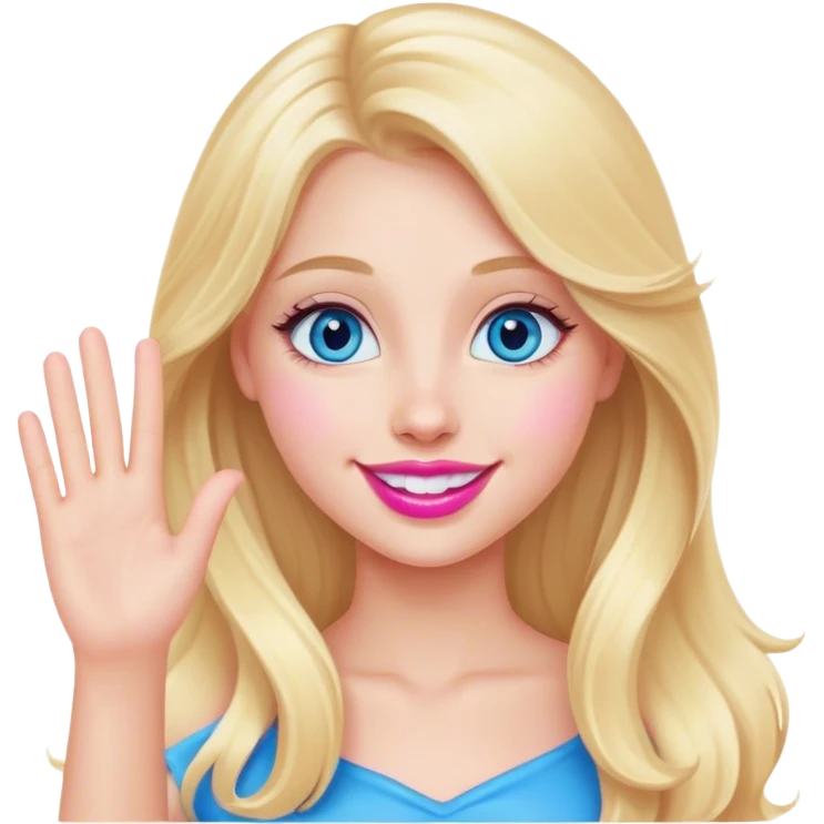 A beautiful blonde girl with long hair, blue eyes, pink lips and a sweet smile  arm hello emoji