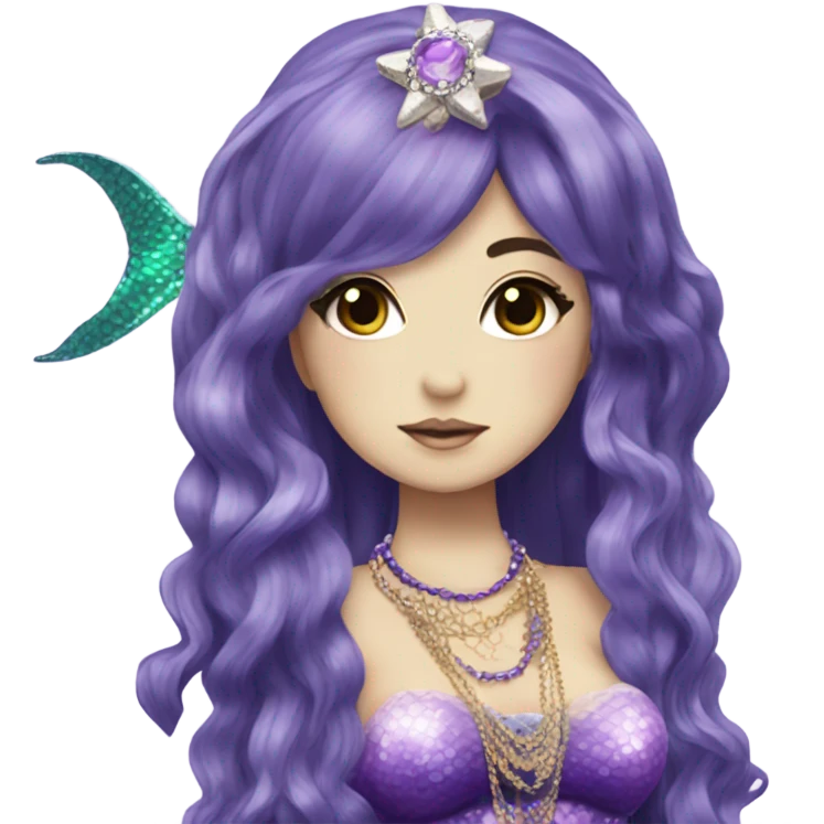 mermaid hime gyaru girl, dark purple hair, jewerly emoji