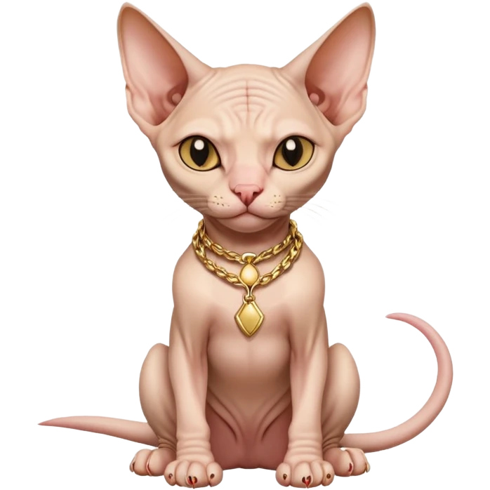hairless Sphynx cat full body sitting, wearing a gold chain, winking emoji