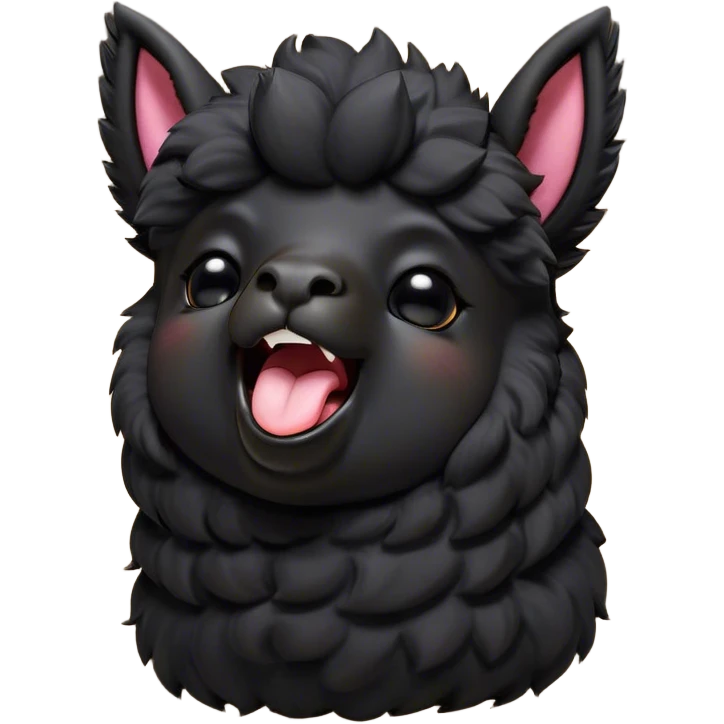 Cinematic Cute Yawning Black Alpaca Portrait Emoji, Head tilted slightly with a dramatic, wide-open yawn, showcasing a soft, plush jet-black fleece with gently drooping ears, round dark eyes barely open in drowsy contentment, Simplified yet irresistibly adorable features, highly detailed, glowing with a soft, cozy glow, high shine, relaxed yet expressive, stylized with a touch of whimsy, bright and endearing, soft glowing outline, capturing the essence of a sleepy yet affectionate alpaca, so drowsy it feels like it could stretch out of the screen and curl up for a nap! emoji