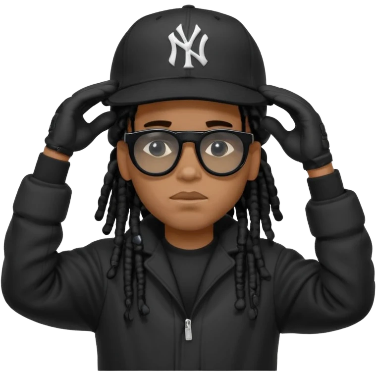 African American man with shoulder length black dreadlocks wearing black sunglasses with black bubble winter coat wearing a New York Yankees baseball hat with his hands on top of head in thinking position emoji