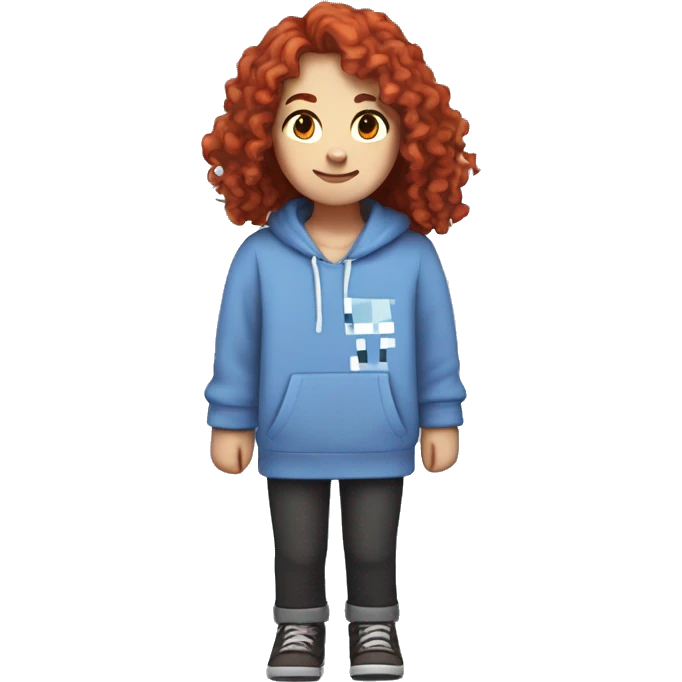 a white girl with long red curly hair and freckles, wearing periwinkle Minecraft hoodie playing a videogame smiling emoji