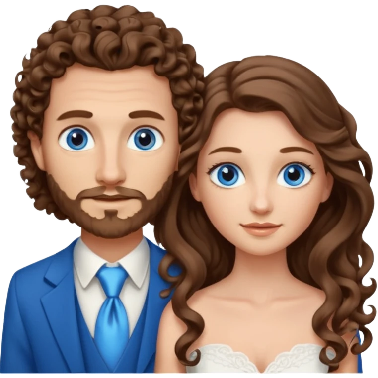 wedding couple, woman has very long and lightly curled brown hair and blue eyes, man has short light brown curly hair and facial hair with blue eyes emoji