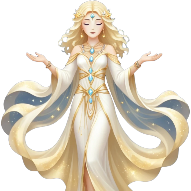 fullbody universe goddess Sophia, Ethereal Light Being, Made of starlight and fractals, Glowing white/gold skin with flowing translucent robes, Hair like galaxy mist, Jewelry made of stars and crystals emoji