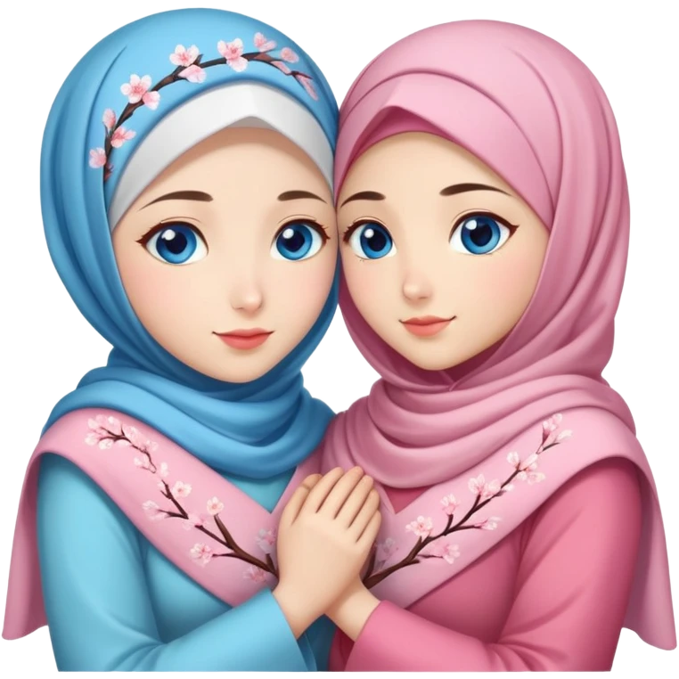 Two sister Turkish girls beautiful finish Konya blue eyes with cherry blossom hijab and heart dress and hugs  emoji