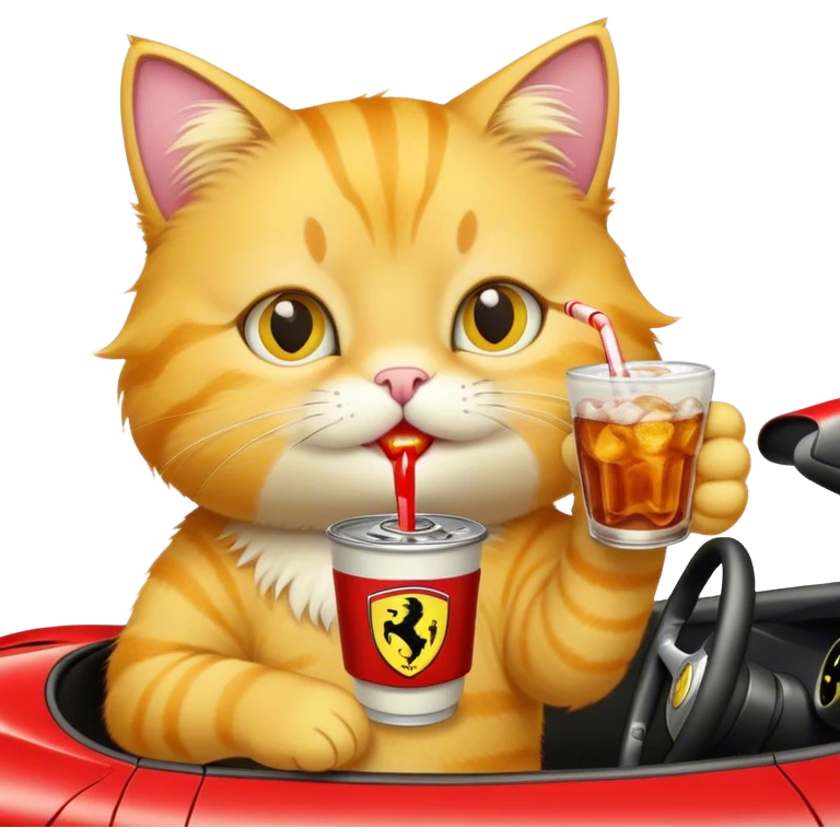 Yellow cat in a Ferrari drinking soda emoji