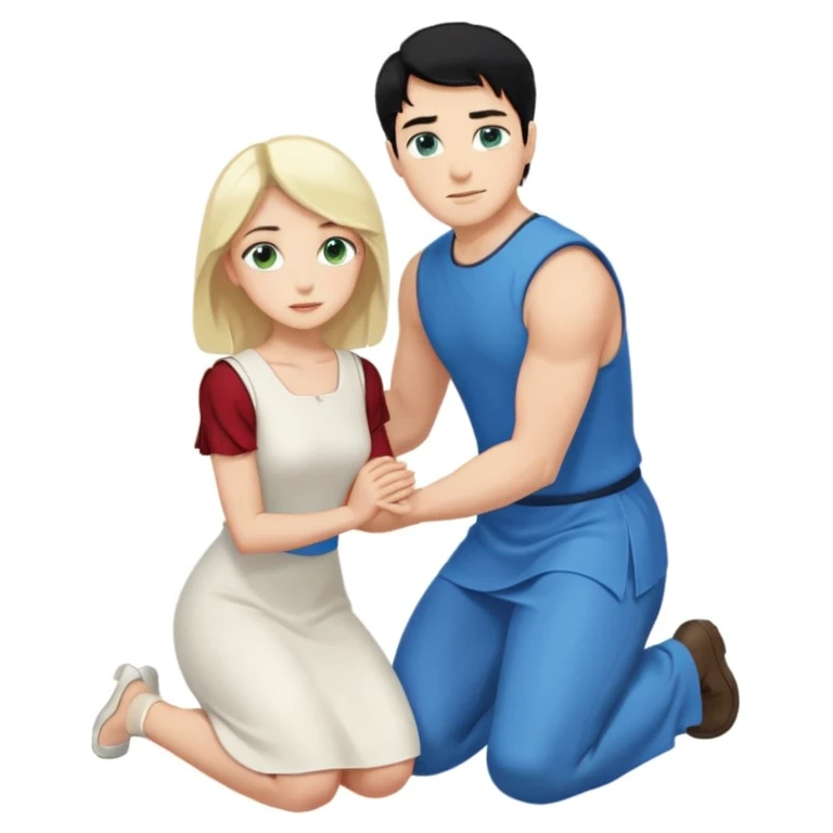 Man as king, black Hair, blue eyes, woman, blonde, green eyes, shott white sleveless Dress, kneeling, background palace emoji