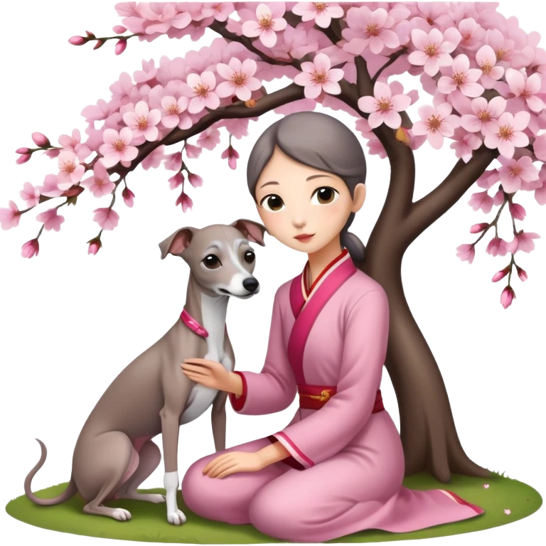 A young Chinese girl and a grey Italian Greyhound sitting under a cherry blossom tree emoji