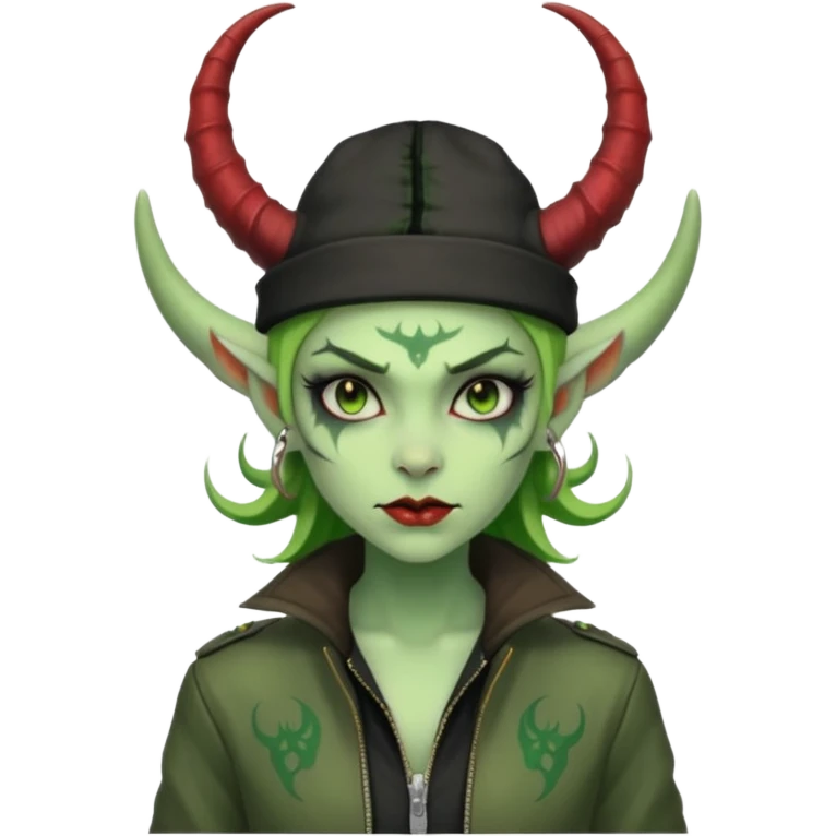 green girl demon with tattoos, hat, jacket and horns emoji
