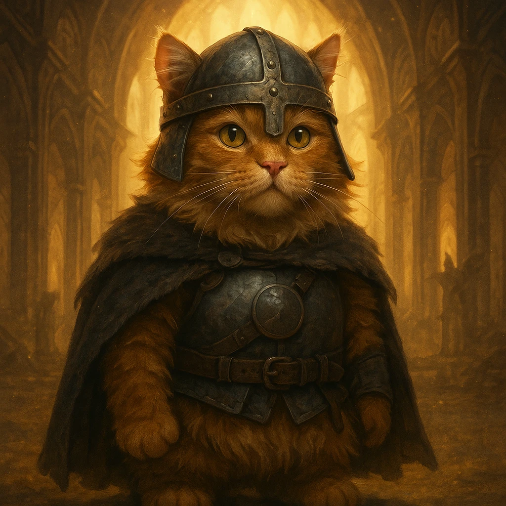Viking ginger cat with helmet no horns, standing in Valhalla, glowing background, fantasy style emoji