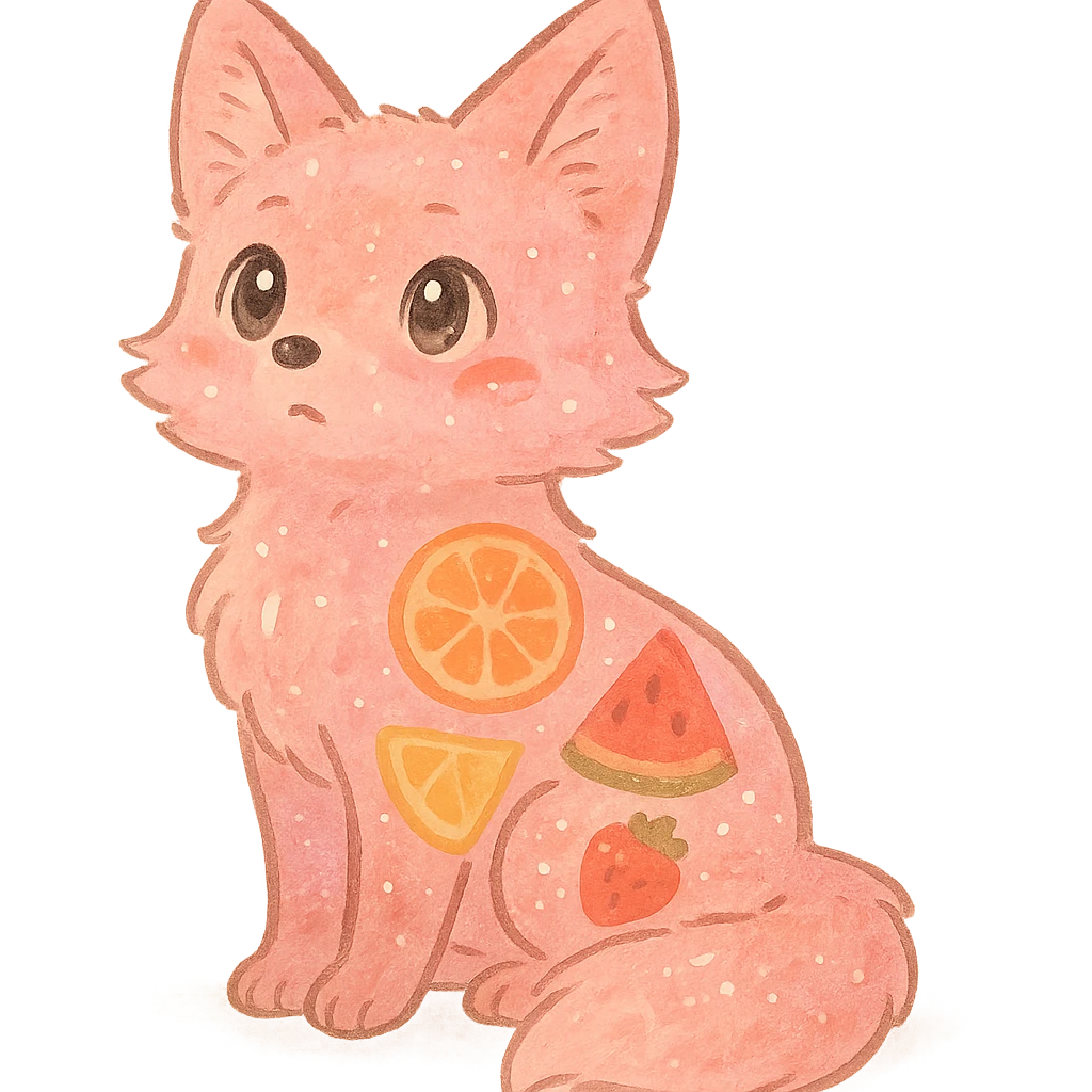 soft fluffy fox with a transparent body and visible fruit pieces inside, sparkling eyes, pastel pink, full-body emoji