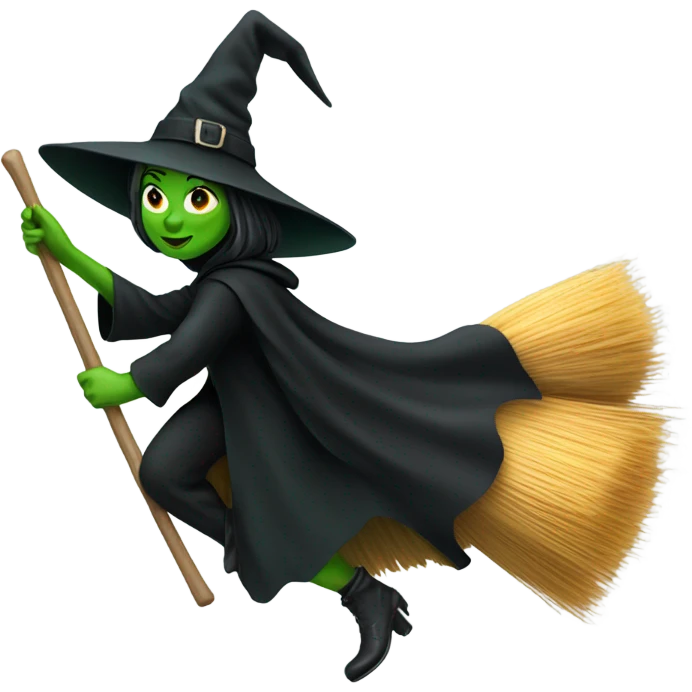 Flying green witch with black cape on broom emoji