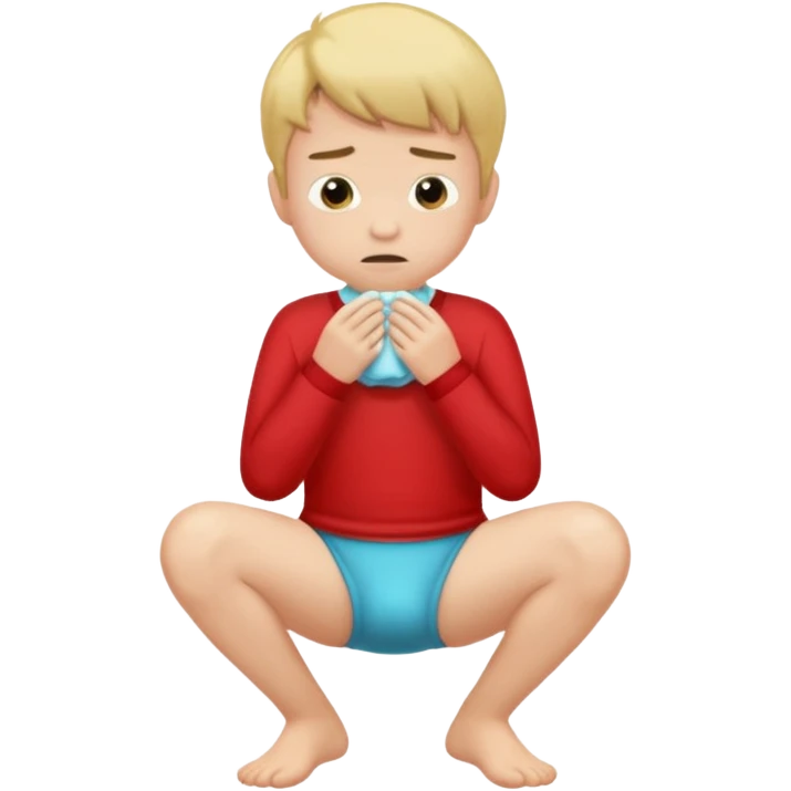 A boy squating down pooping on his wet stinky underwear with a red shirt emoji