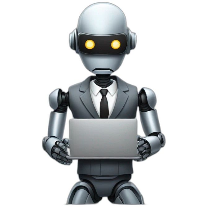 robot in a suit with head tilted using a laptop emoji
