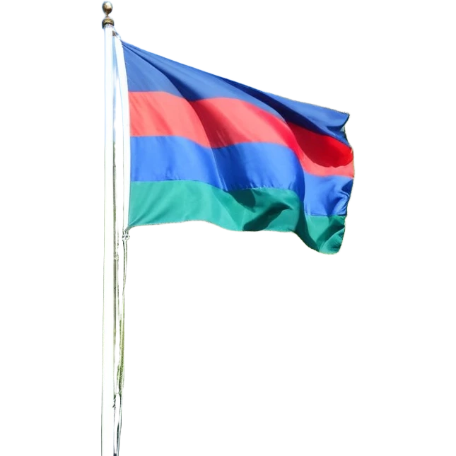 Зелено-синий флаг с красным колесом в середине emoji