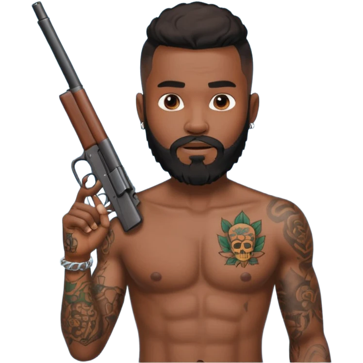 Ebony Crip gang member with no shirt an beard with tattoos all over holding gun emoji