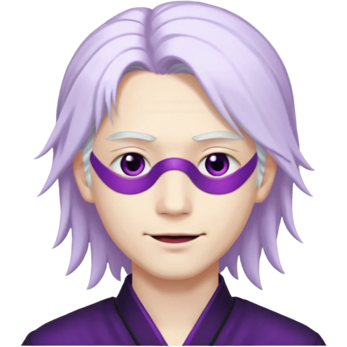 A young pale skinned Japanese man, with long free white hair. Purple eyes pink lips. Devious smile and an eyepatch emoji