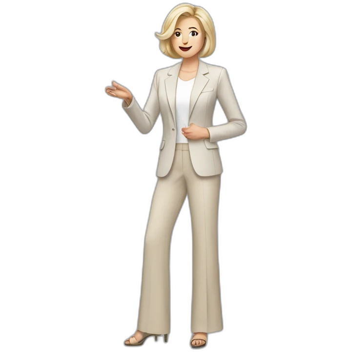 Full height Actively gesturing with hands pale skin woman with ash blonde Straightened bob Hair, White Spacious classical jacket, beige palazzo Arrow pants and gray blouse emoji