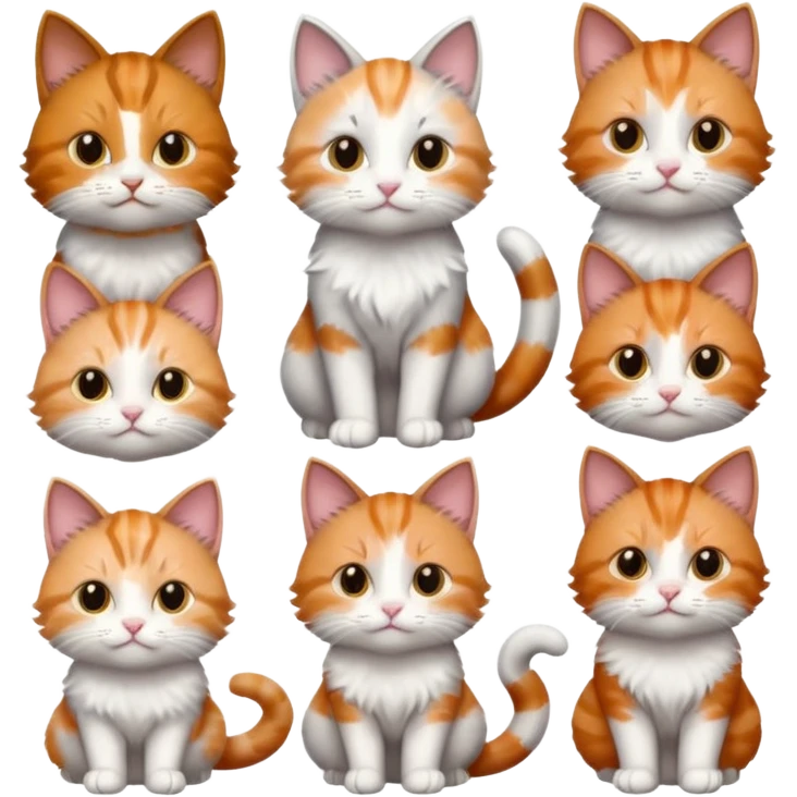 6 cats with different coloured coats, 2 are grey and white, 1 is grey with a little white, 1 calico, 1 brown tabby and white and one ginger and white emoji