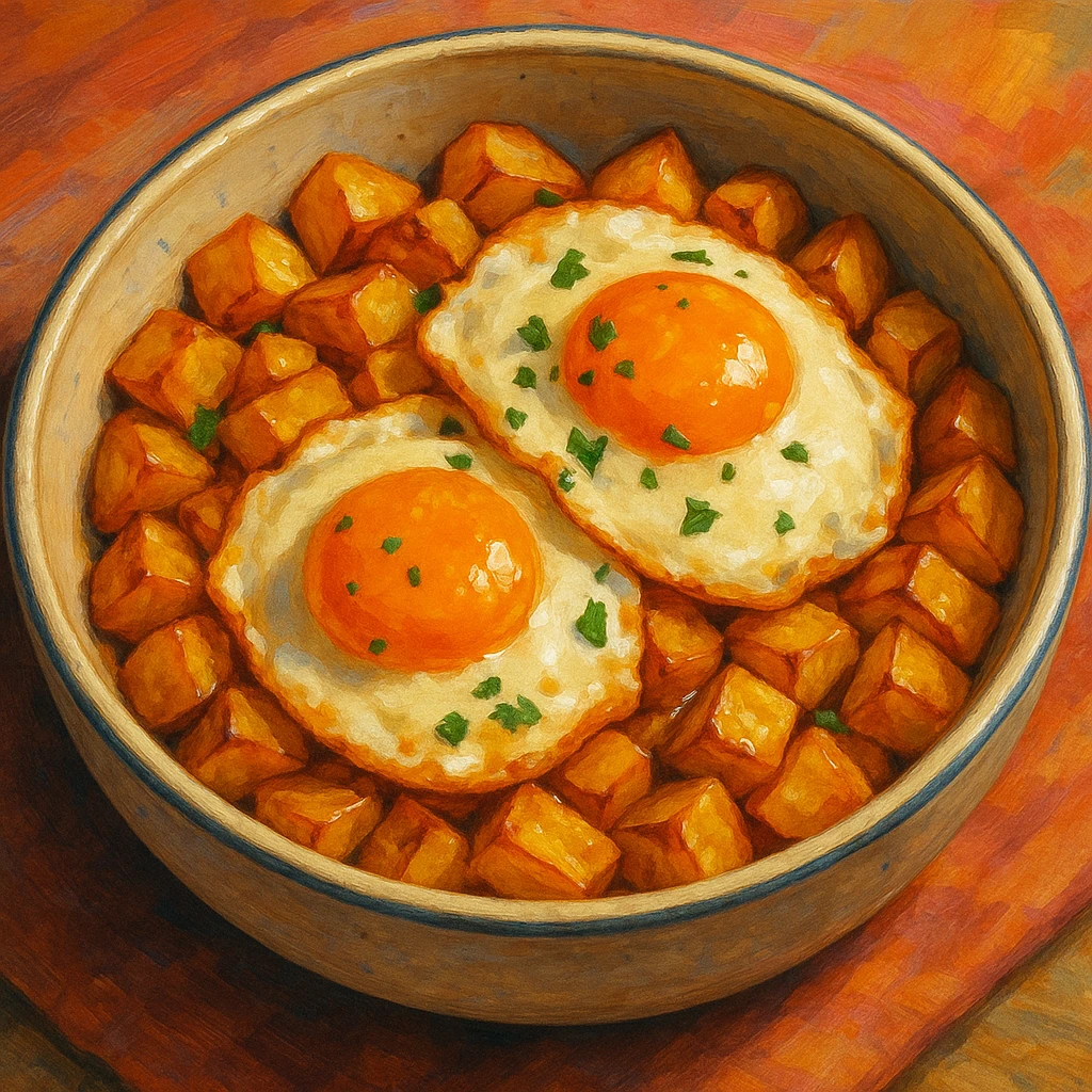eggs served over potatoes in a bowl, food illustration emoji