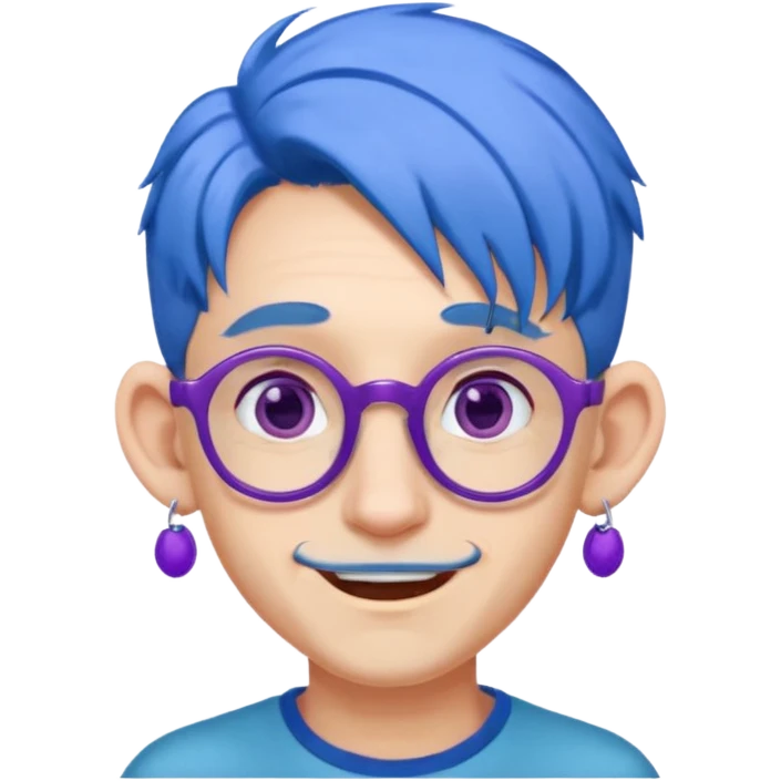 blue haired man mid length hair with big ears and purple earrings and spectaclesi happy emoji