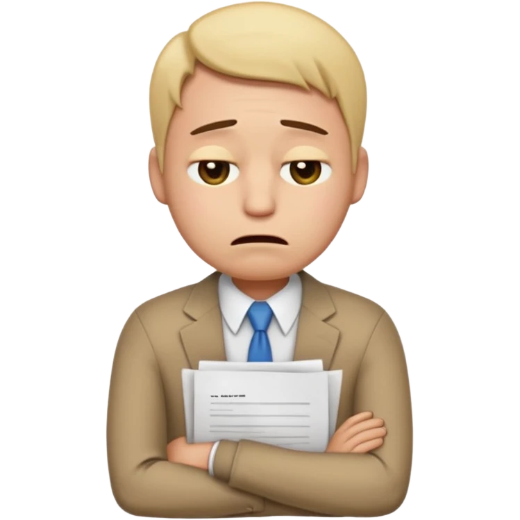 emoji character wearing a interview clothoes. face has a very sad crying, disappointed expression with drooping eyebrows and half-closed eyes. posture is dejected, with slumped shoulders just rejected from his interview to get a job, holding CV. dont make it old person. emoji