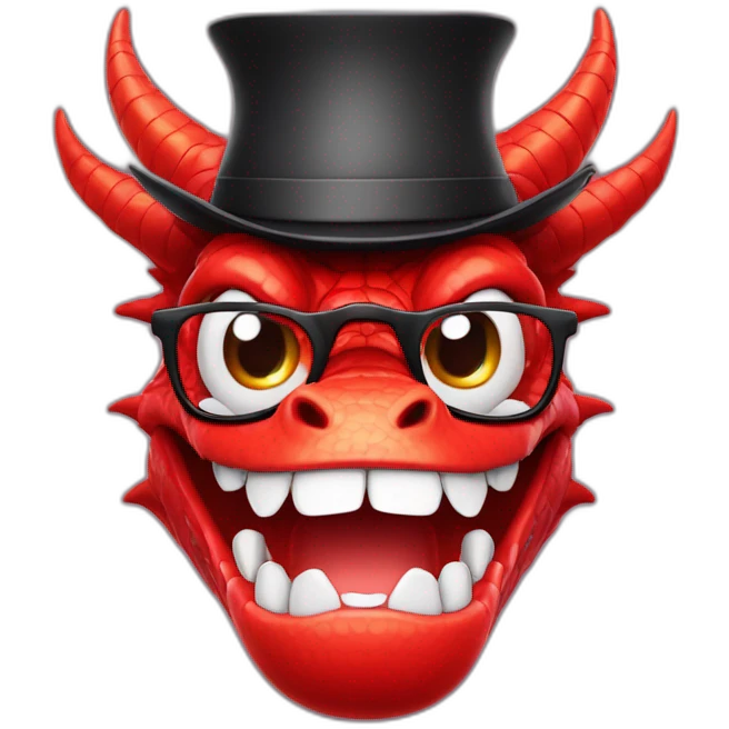 Crazy funny red dragon head with human white teeth and beautiful smile wearing glasses and hat emoji