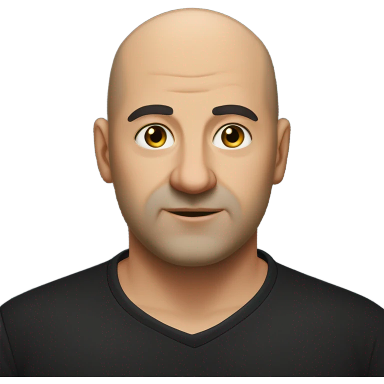 A slightly overweight middle-aged Italian man with olive-toned skin with bald hair and no facial hair. He is wearing a sleek black smart shirt, casually unbuttoned at the top. emoji